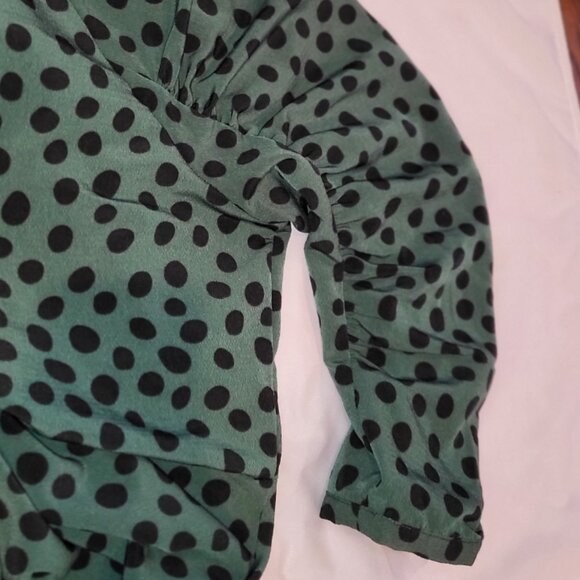 Who What Wear Dress 3/4 Shirred Sleeves Green Black Polka Dots L Whimsigoth - Picture 5 of 14